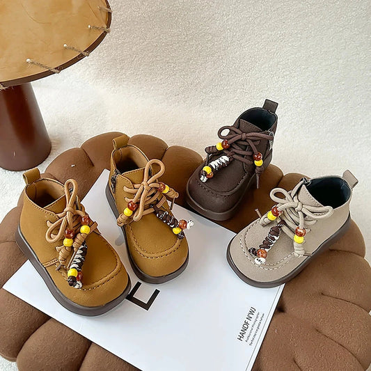 High Top Casual Shoes for Girls 2025 New Autumn Toddler Walking Shoes with Cute Ornament Soft Sole Simple Retro Kid School Flats Good Vibrations