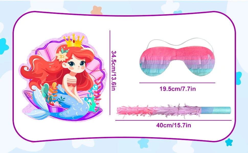 Mermaid Piñata,13.6'' Mermaid Party Pinata Set-Mermaid Piñata Large Blindfold Stick etc Mermaid Birthday Party Supplies for Kids Good Vibrations