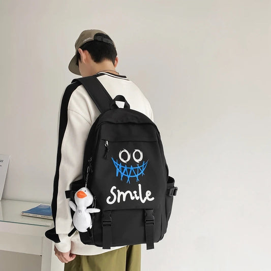Pocket Front Backpack, Preppy Style Solid Color Nylon Bookbag, Kawaii Large Capacity Double Handle School Bag Good Vibrations
