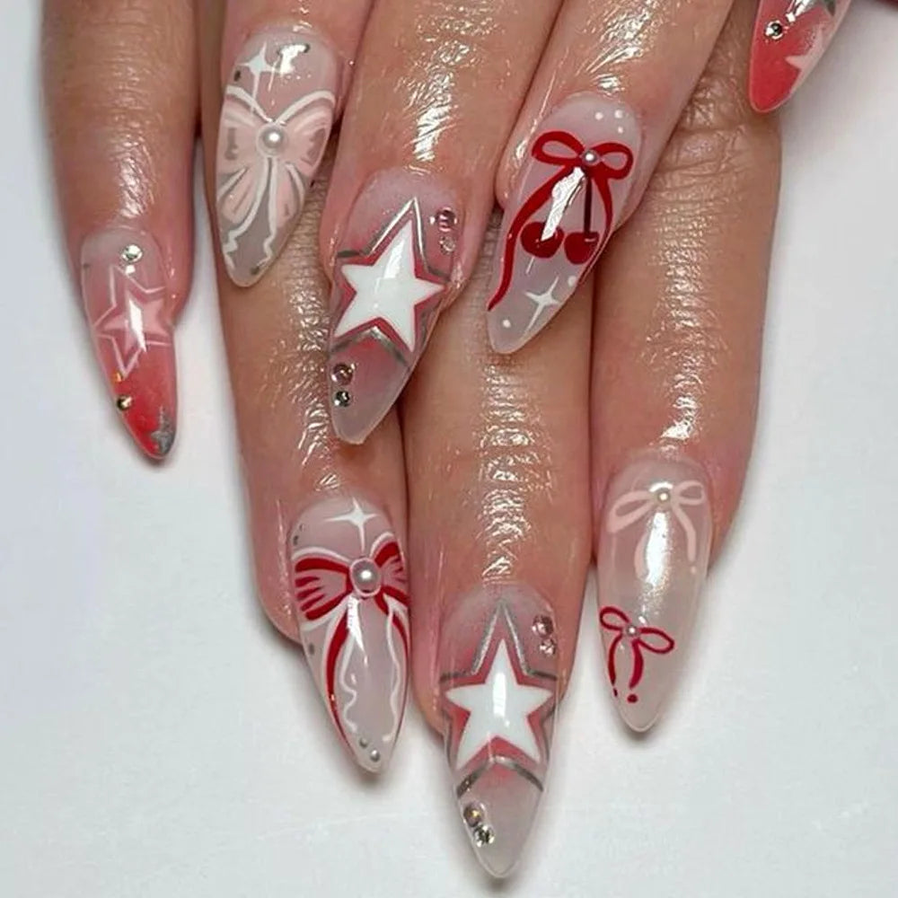 24pcs Sweet Letter Press On Nails Cute Cherry Bowknots Ladybug Strawberry Decor False Nails Blush Pink Almond Fake Nail For Girl Good Vibrations