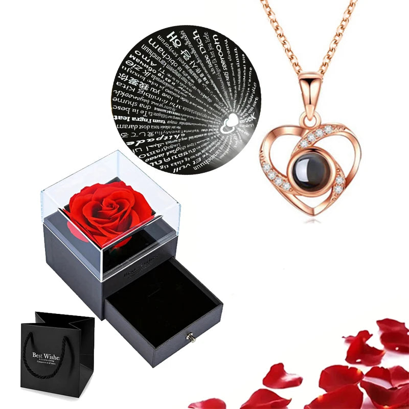 Christmas Gifts For Girlfriend 100 Languages I Love You Projection Necklace With Rose Gift Box 2023 Fashion Romantic Jewelry Good Vibrations