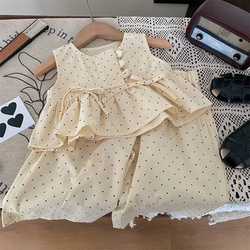 Bear Leader 2024 Summer New Girls' Clothing Polka Dot Love Single Breasted Top+ Pants 2P Set Girls' Clothing Children's Cute Set Good Vibrations