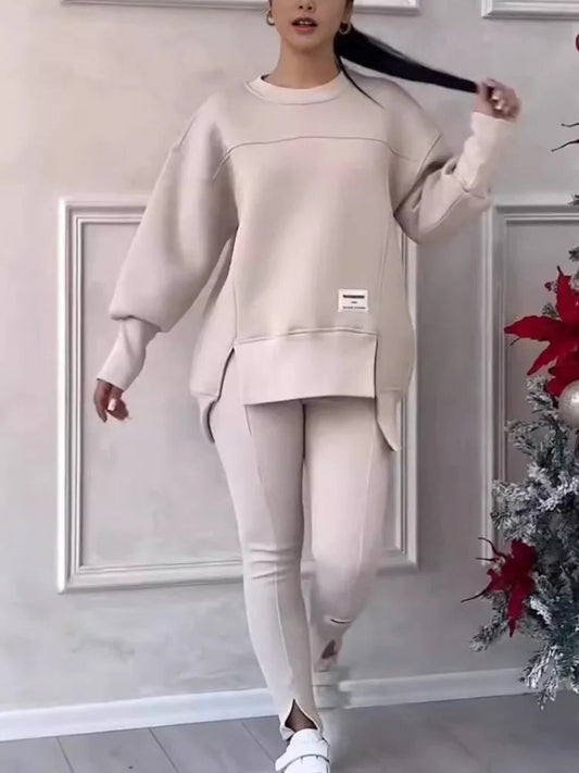 Women's Casual Sweatshirt Sports Set Autumn Winter Fashion Solid Loose Irregular Sweatshirt Top And Slim Trouser Two Piece Sets Good Vibrations