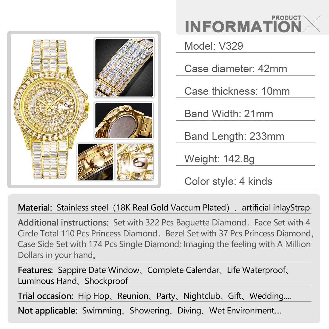 Full Iced Out Watches For Men Luxury Handmade Mosaic Diamond Silver Steel Watch Fashion Hip Hop Silver Automatic Date Male Clock Good Vibrations