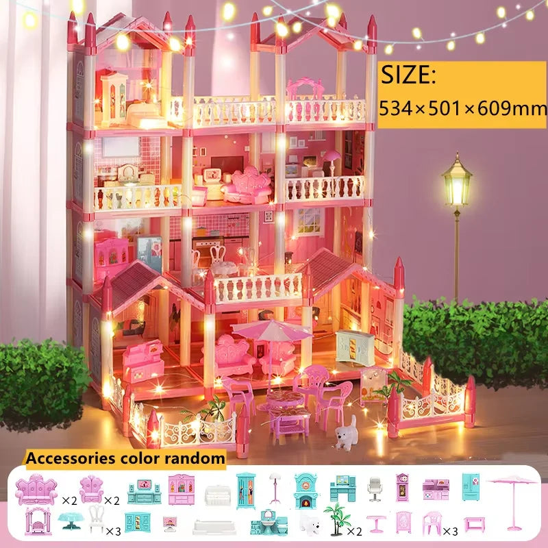 Large Dollhouse, Toddler House for Girls - with dolls, furniture, accessories, LED lights, 4 stories princess dream house toys Good Vibrations