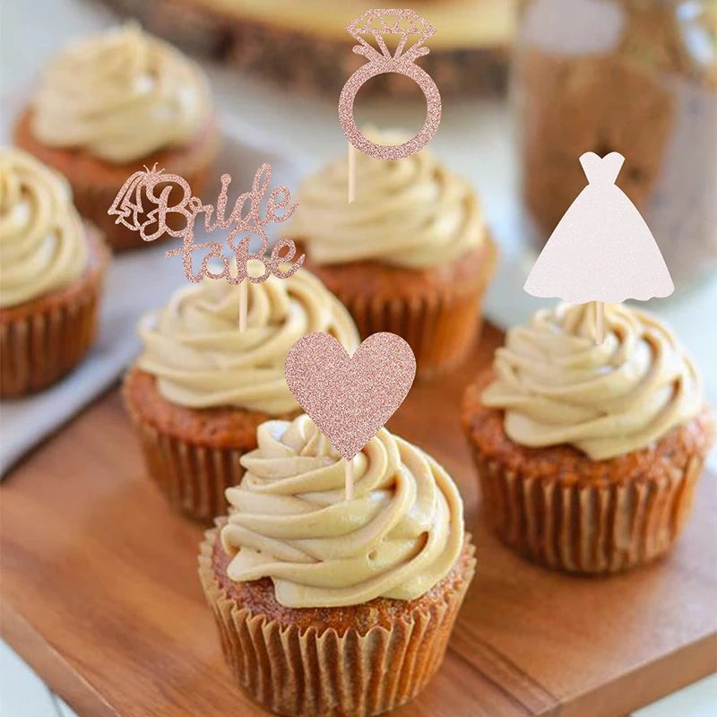 12/24pcs Bride to Be Diamond Ring Cupcake Toppers Wedding Bridal Shower Cake Decorations Rose Gold Bachelorette Party Supplies Good Vibrations