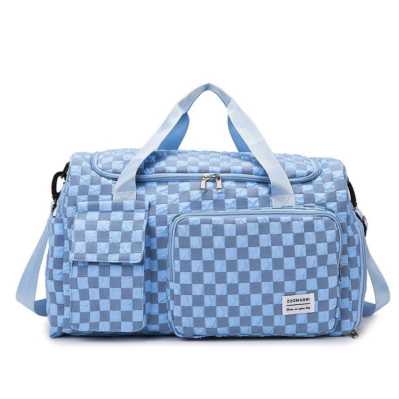 Fashion Large Capacity Checkerboard Pattern Duffle Handbag, Lightweight Travel Luggage Storage Bag, Portable Sports Fitness Bag Good Vibrations