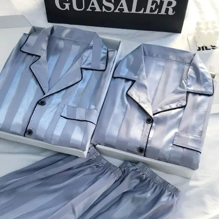 1 Set Women's Elegant Lounge Set, Plus Size Satin Striped Button Up Long Sleeve Shirt & Pants Pajamas Good Vibrations