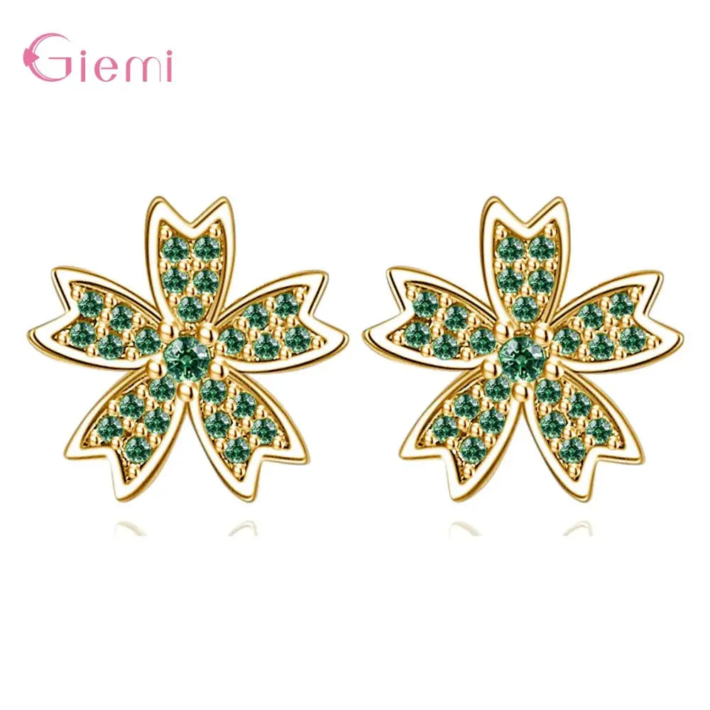 Charm 925 Sterling Silver Jewelry Sets Shiny Cherry Blossoms Cubic Zircon Necklace Earrings Bracelet for Women Girls Party Gift Good Vibrations