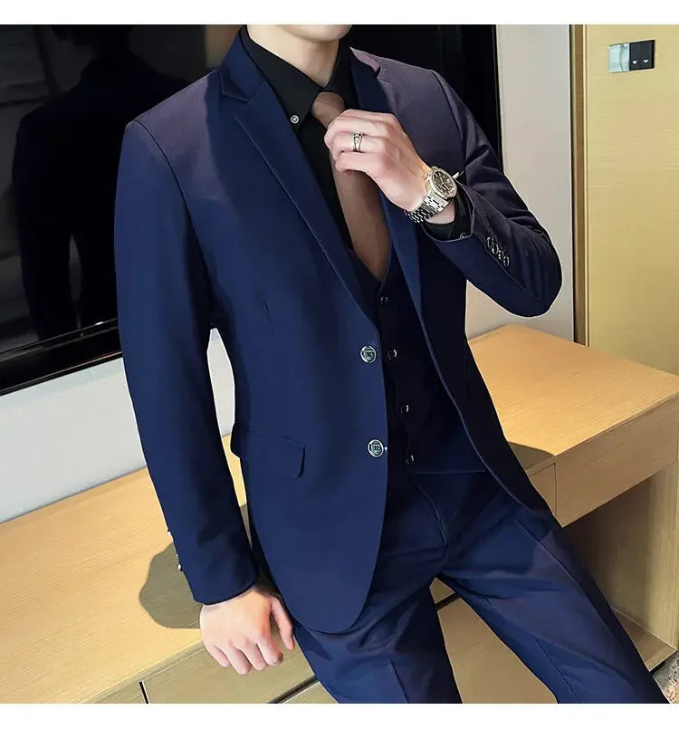 Suit (suit +Vest+Pants) Formal Business Men Four Seasons Professional Fashion Gentleman Solid Color Outdoor British Style Suit
