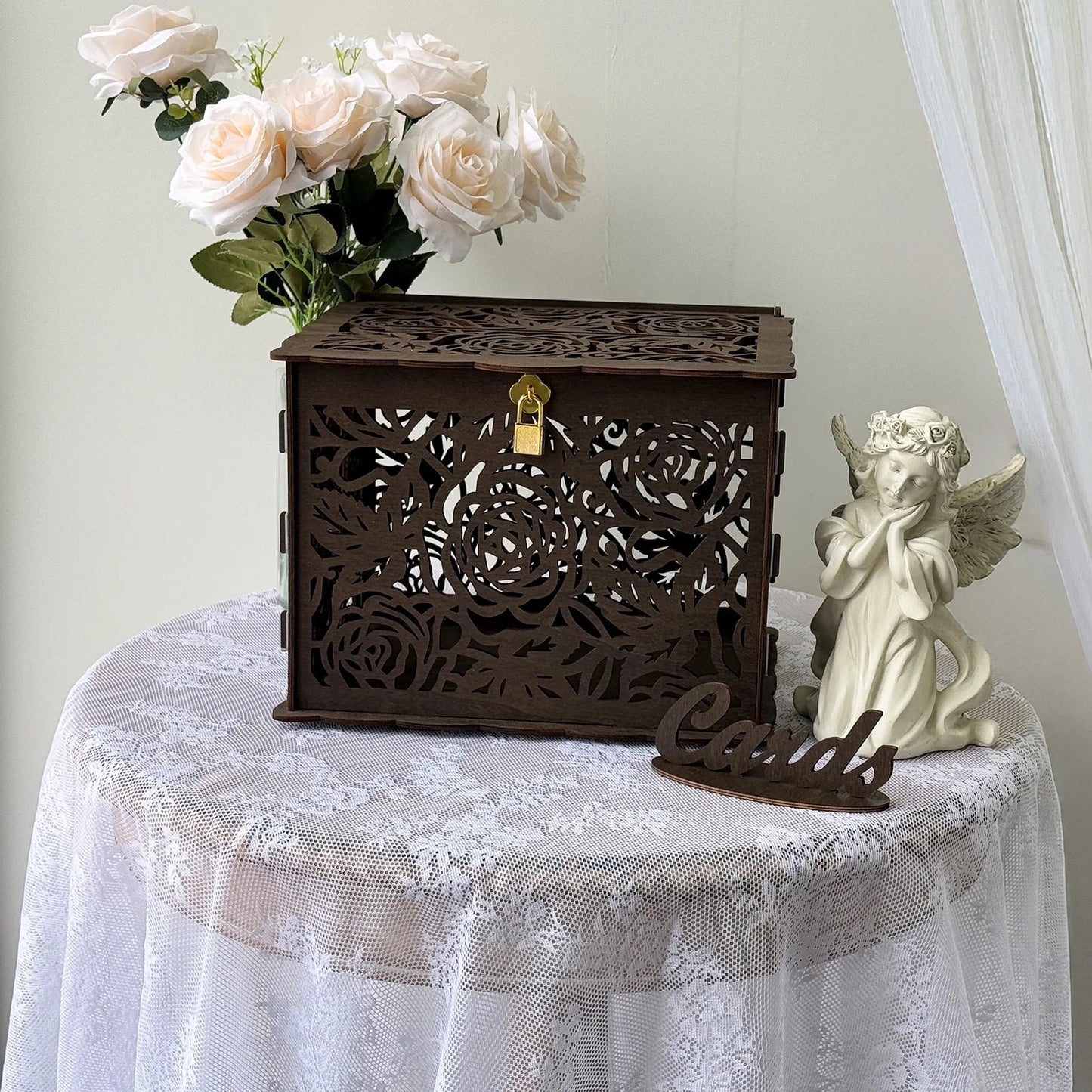 Brown rose wedding card box, wooden gift card box for reception, honeymoon fund card box for baby shower, graduation party Good Vibrations