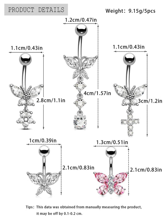 Butterfly Dangle Belly Button Ring Surgical Steel Navel Rings Pink Zircon Umbilical Ring Hypoallergenic Tummy Ring Piercing Good Vibrations Adult Super Store