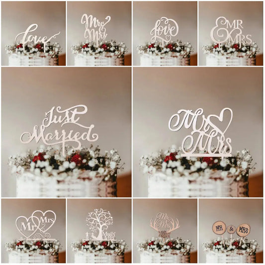 1Pcs Hollow Letter Love Just Married Mr&Mrs Cake Topper Bride and Groom Wooden Wedding Cake Topper For Wedding Party Supplies Good Vibrations