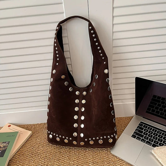Women's Shoulder Bag in Vintage Suede with Rivet Decoration Randomly Placed Rivets and Unique Tailoring Good Vibrations
