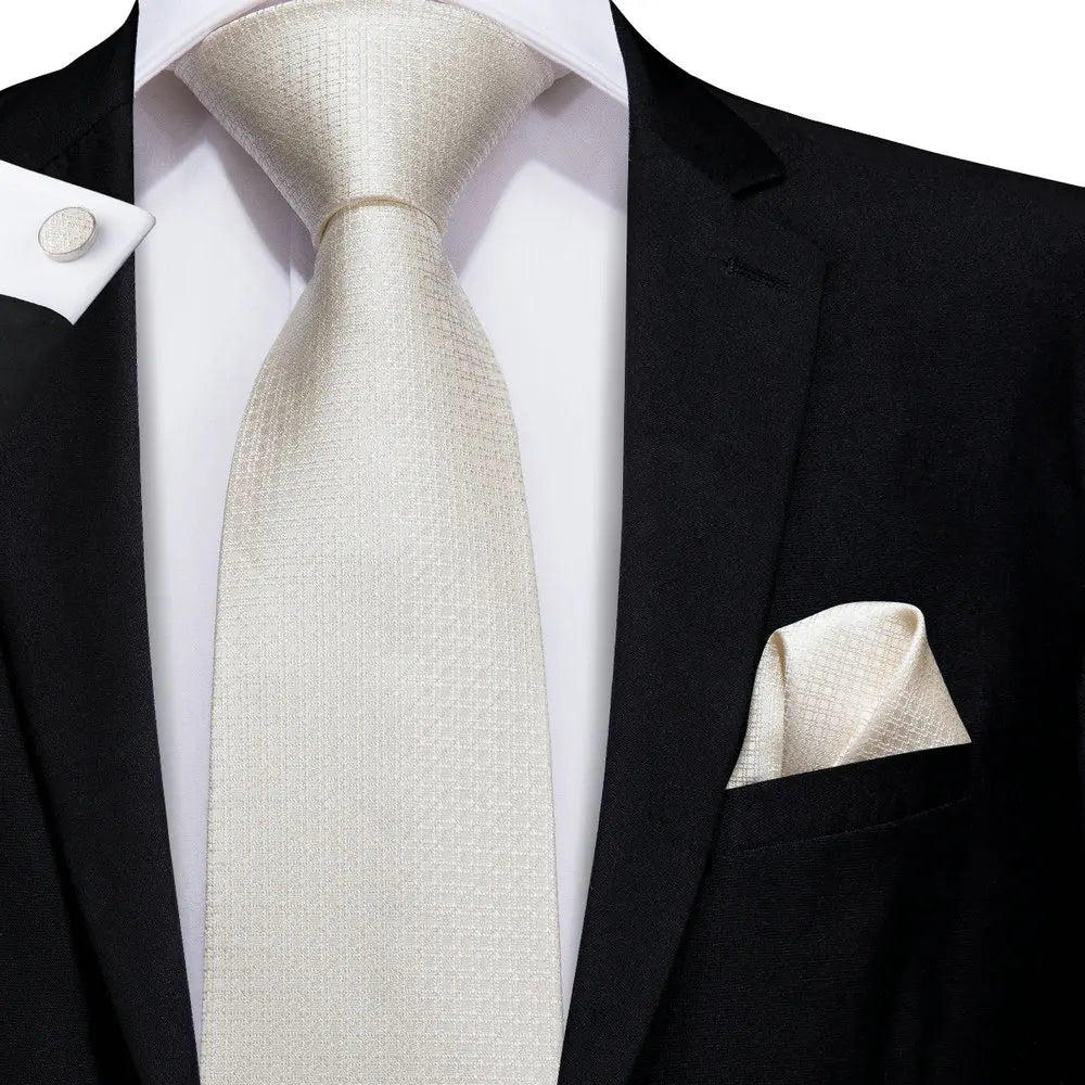 Men's Ties White Sliver Hanky Cufflinks Set Silk Neck ties For Men Wedding Party Business Mens Tie 2022 New Fashion Brand Hi-Tie Good Vibrations