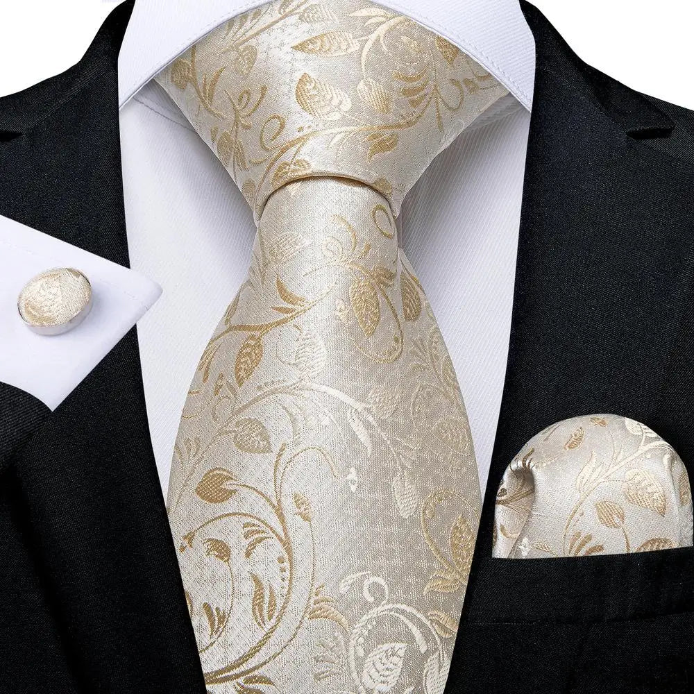 Hi-Tie Champagne Gold Striped Paisley Solid Men Silk Wedding Tie Fashion Design Necktie For Men Hanky Cufflink Business Party Good Vibrations