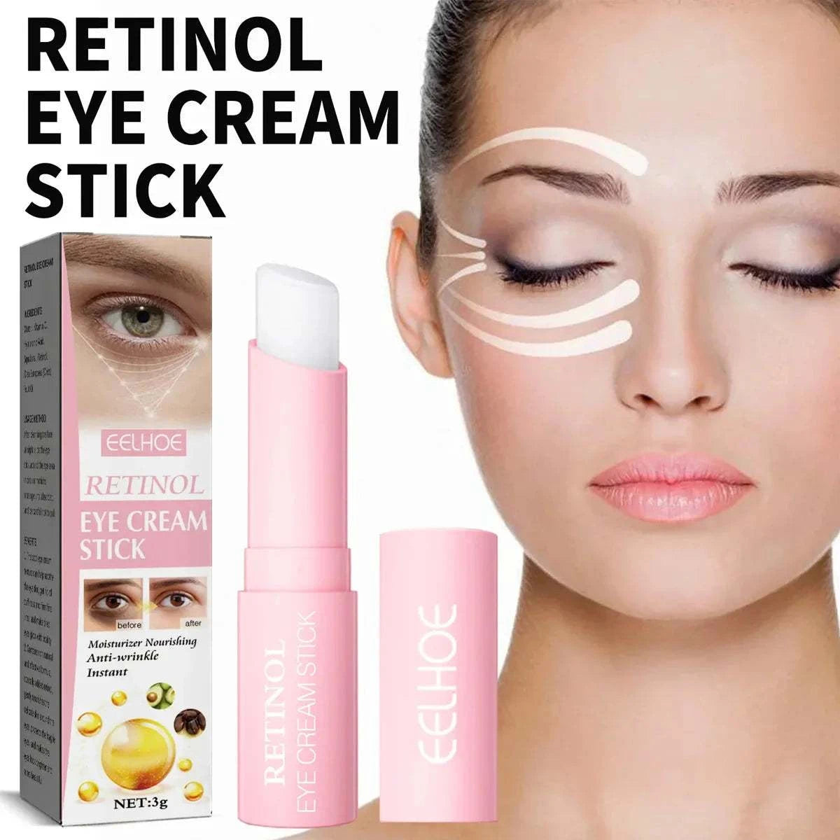 Retinol eye cream stick for moisturizing, reducing wrinkles, dark circles, and puffiness around the eyes.