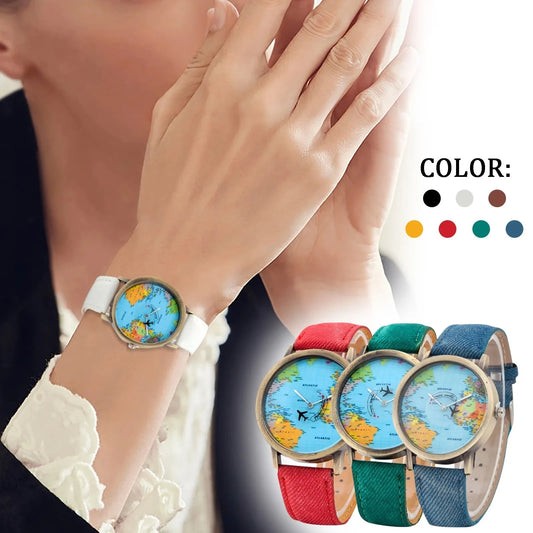 Fashion Global World Map Plane Denim Fabric Band Watch Casual Men Women Wristwatches Quartz Watch Gift Horloges Relógio Good Vibrations