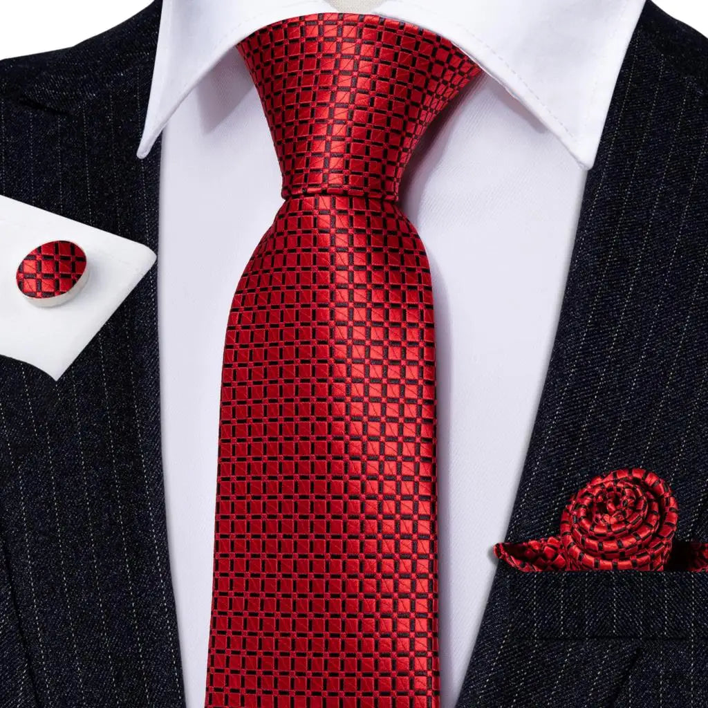 Hi-Tie Designer Red Burgundy Plaid Silk Wedding Tie For Men Handky Cufflink Gift Mens Necktie Fashion Business Party Dropshiping Good Vibrations