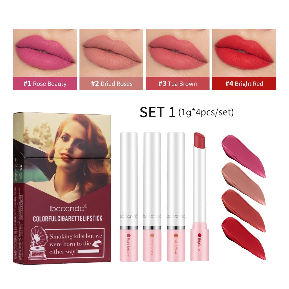 4 pcs/set Cigarette Lipstick Set Long Lasting Lip Glaze Matte Lip Gloss Waterproof Lip Stick Tube Nude Lip Tint Makeup Cosmetics Good Vibrations