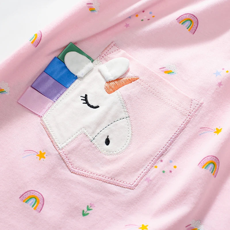 Little maven Children's Clothing Baby Girls 2025 Summer Embroidered Cartoon Casual Unicorns Dresses Pink Dresses Kids Clothes Good Vibrations
