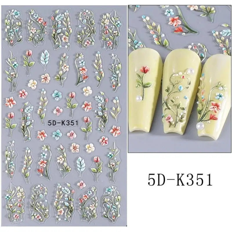 ★★★Colorful 5D Flower Embossed Nail Stickers Fresh Floral Designs Five-Petal Flower Self-Adhesive DIY Nail Art Decals Good Vibrations