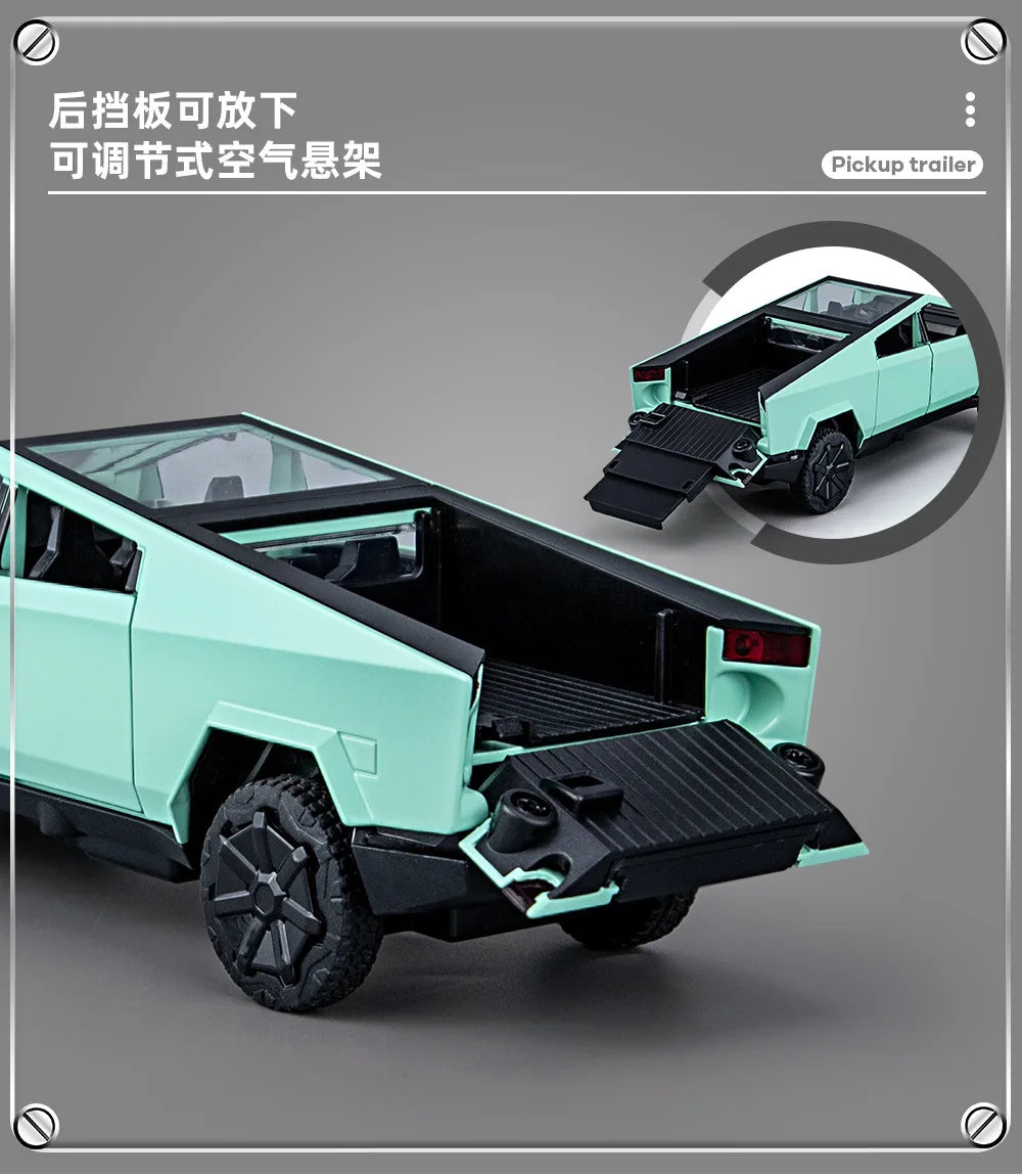 1:32 Toy Trucks for Boys Cybertruck Model Silver Pickup Truck Diecast Metal Toy Cars with Sound and Light for Kids Good Vibrations