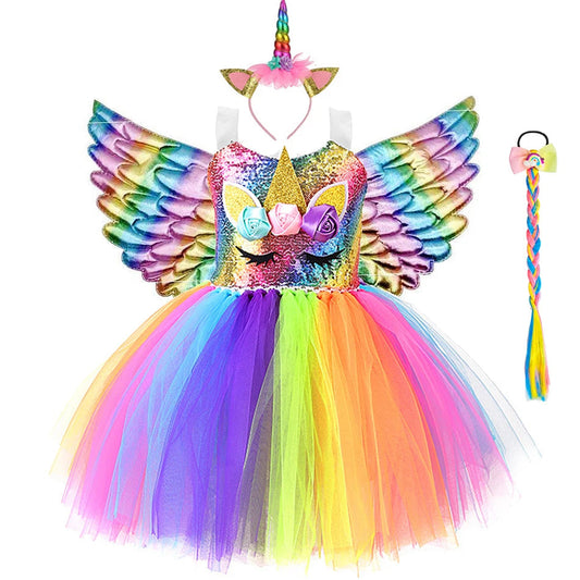 Girls Unicorn TUTU Princess Dress Shiny Children Cartoon Clothes with LED Glowing Wings Headband Stage Halloween Party Costume Good Vibrations