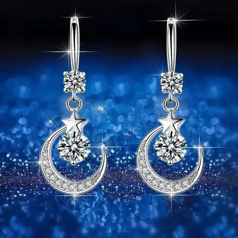 Female Fashion Star Moon Earrings 925 Sterling Silver White Sapphire Pink Blue White Artificial Dangle Earrings Good Vibrations Adult Super Store