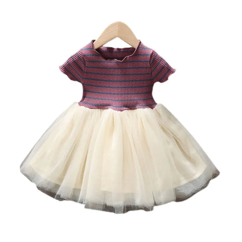 Girls' Summer Dress 1-6Y Children's Striped Short Sleeved Patchwork Mesh Dress Korean Girls Clothing Kid's Outfit Good Vibrations