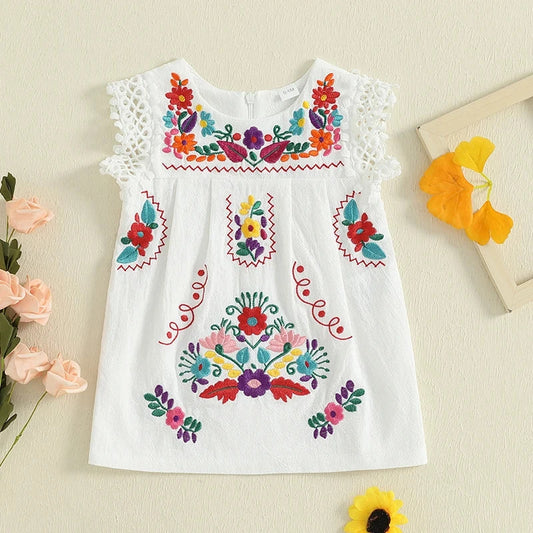 Toddler Girls Summer Dress Casual Floral Embroidery Square Neck Sleeveless Dress Baby Girls Princess Beach Party Dress Clothes Good Vibrations