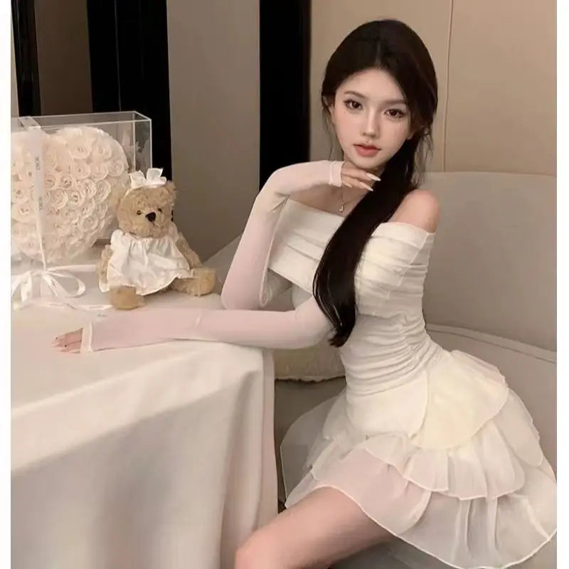 cold-shoulder Tops Mini Cake Skirt Suit Slim Kawaii Y2k Clothes