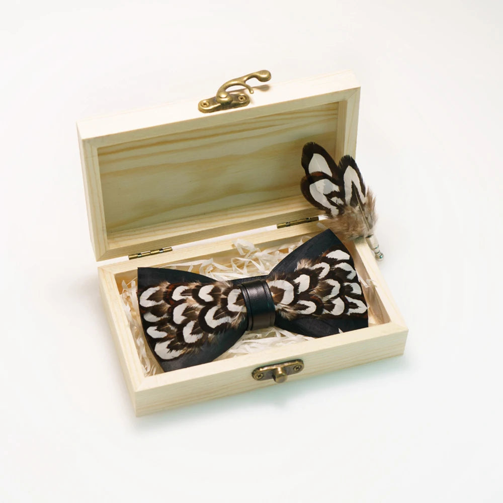 Wedding Bow Tie for Men handmade feather bow tie black white Pre-tied bowtie brooch wooden box Set for Party birthday Gift Good Vibrations