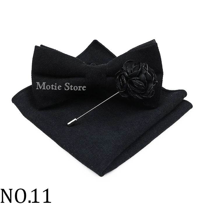 Mens Solid Color Cotton Bowtie Pocket Square Brooch Sets Pink Blue Super Soft Suede Bow Tie Handkerchief For Wedding Party Gift Good Vibrations