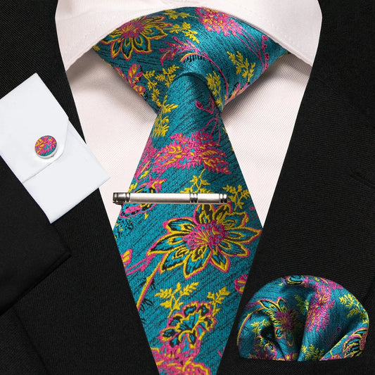 8cm Silk Mens Ties Green Black Ties plaid stripe NeckTie Pocket Square Cufflinks Tie clips Set Men's Wedding business Party Tie Good Vibrations