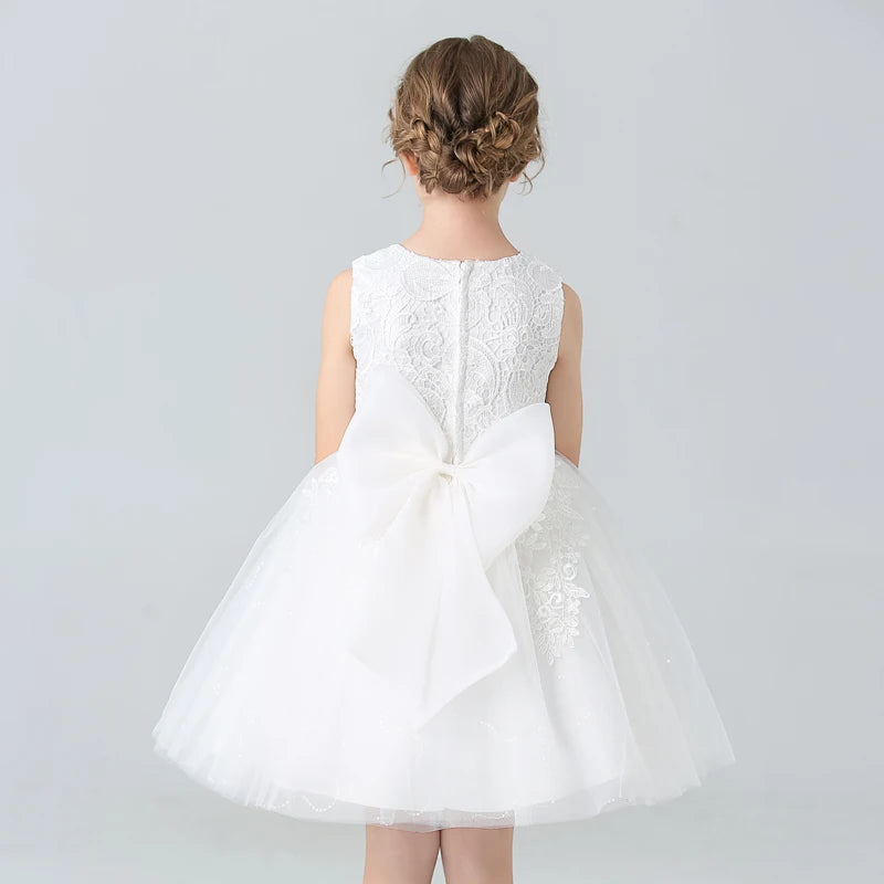 BX8991 White Lace Flower Girl Dress Bows Children's First Communion Dress Girls Sleeveless Princess Dresses Good Vibrations