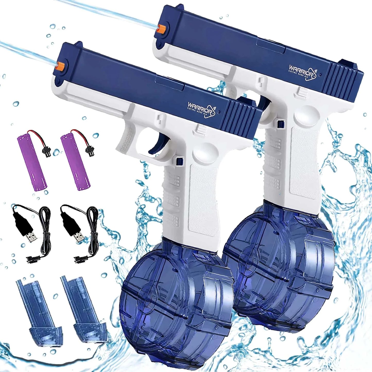 Pair of rechargeable electric water guns with blue round water reservoirs, USB charging cables, and purple batteries, designed for adults and kids with spray range up to 32 feet
