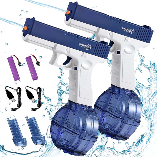 Pair of rechargeable electric water guns with blue round water reservoirs, USB charging cables, and purple batteries, designed for adults and kids with spray range up to 32 feet