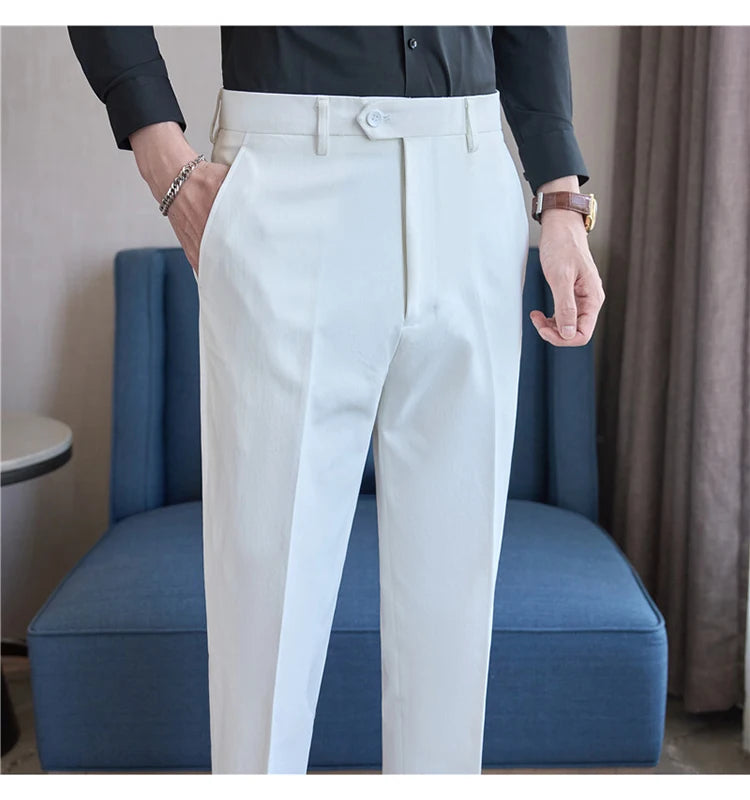 Men Suit Pants 2025 Elastic Slim Fit Formal Dress Pants Solid Casual White Trousers Pantalon Homme Wedding Party Men Clothing Good Vibrations