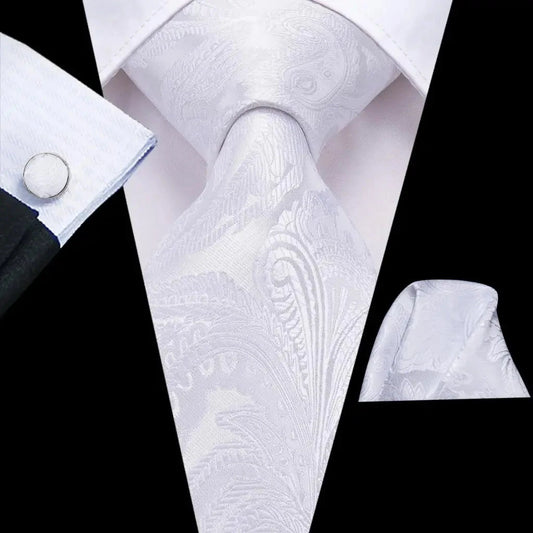 Men's Ties White Sliver Hanky Cufflinks Set Silk Neck ties For Men Wedding Party Business Mens Tie 2022 New Fashion Brand Hi-Tie Good Vibrations