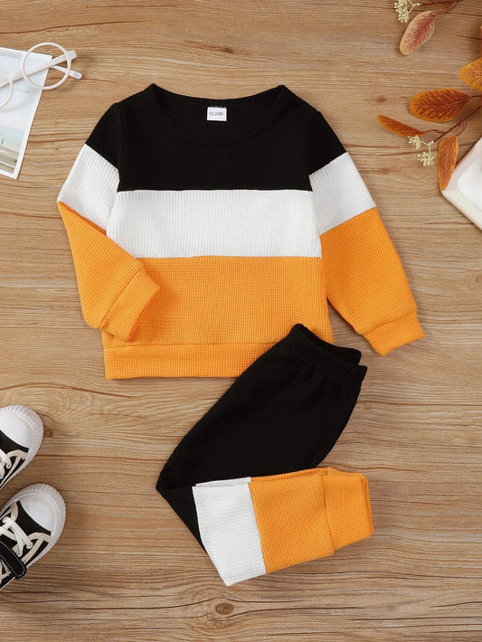 2PCS Kids Boy Clothing Set Fashion Color Block Long Sleeve Top+Pants Spring&Autumn Handsome Sports Outfit for Children 1-6 Years Good Vibrations