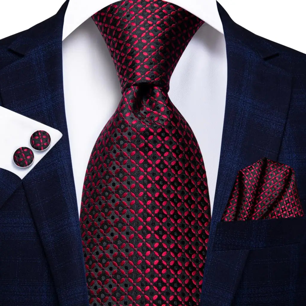 Hi-Tie Designer Red Burgundy Plaid Silk Wedding Tie For Men Handky Cufflink Gift Mens Necktie Fashion Business Party Dropshiping Good Vibrations