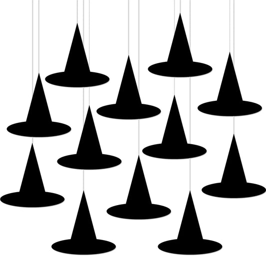 12 Pices Halloween Hangs Decor Holiday Theme Party Black Hanging Witch Hat Props Indoor Outdoor Floating Dress-up Accessories Good Vibrations