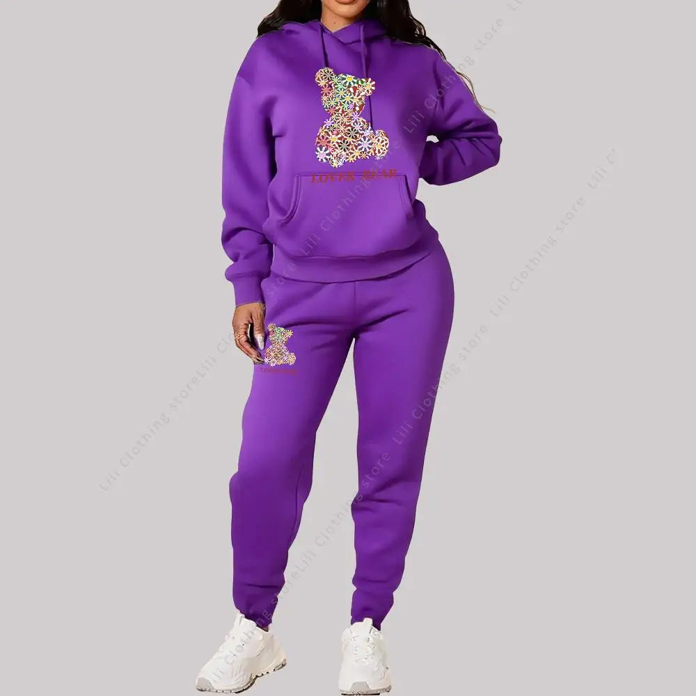 Women's Sets Hoodies Pants Outfits Suit 2025 New Sportswear Sweatsuit Bear Graphic Letter Print Aesthetic Trend Ladies Tracksuit Good Vibrations