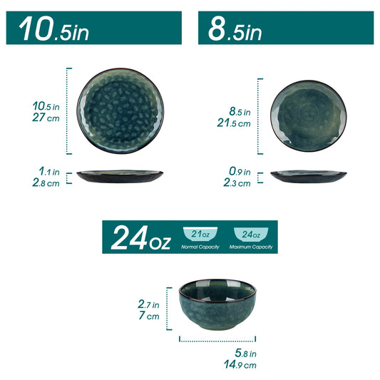 vancasso 12/24 Pcs Green Ceramic Plates Set Kiln Change Stoneware Dinner Set with 4PCS Dinner Plate/Dessert/Cereal Bowl for 4/8 Good Vibrations