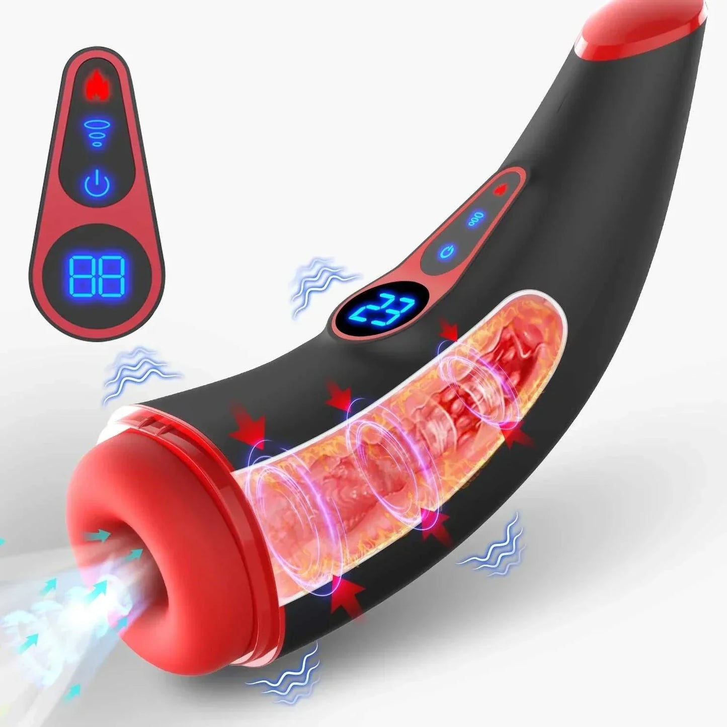 Vagina sucking male masturbator with heating and vibration features.