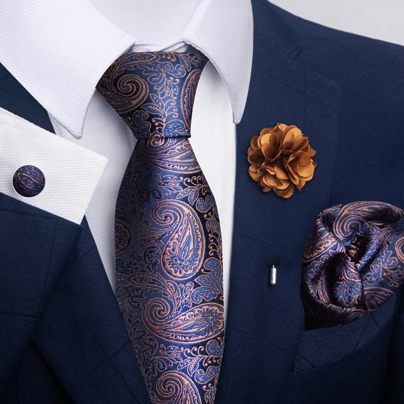 Luxury Mens Ties Floral Black Gold Ties Paisley NeckTie Pocket Square Cufflinks Brooch Set Men's Wedding Party Tie Good Vibrations