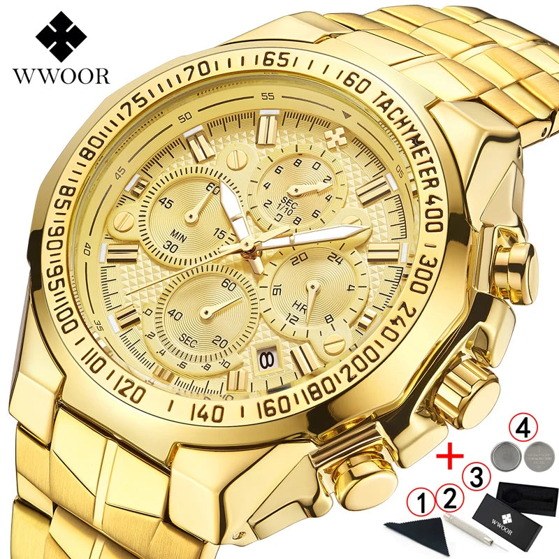 Relogio Masculino WWOOR Mens Watches 2024 Top Brand Luxury Wrist Watches For Men Gold Big Golden Male Chronograph Wristwatch Man Good Vibrations