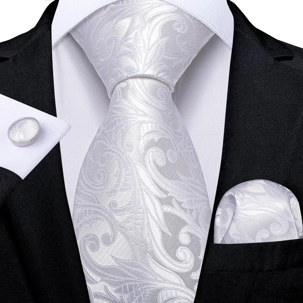 Men's Ties White Sliver Hanky Cufflinks Set Silk Neck ties For Men Wedding Party Business Mens Tie 2022 New Fashion Brand Hi-Tie Good Vibrations