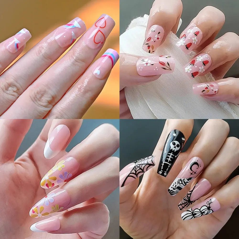 96Pcs Halloween Press on Nails Almond & Coffin Blood Red Nails with Skeleton Fake Nails Design Full Cover Artificial False Nails Good Vibrations